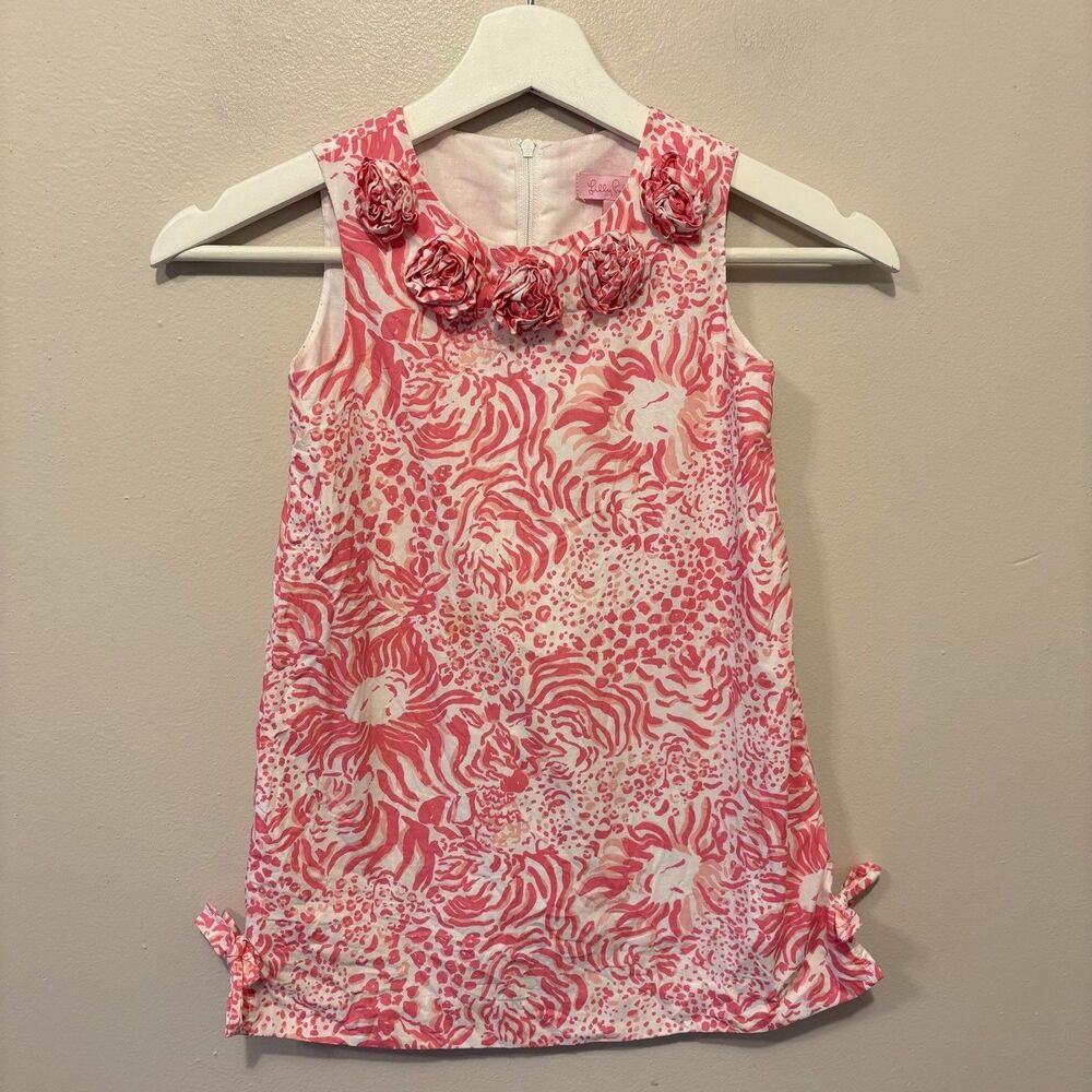Lilly Pulitzer Girls Pink Lion Rosette Dress Cotton Sz 5 Shift Dress
